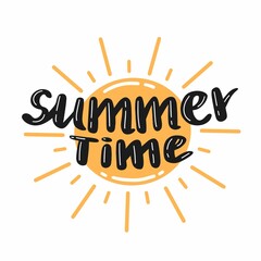 Hand drawn summer time lettering with sun. Vector illustration with text.