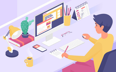 Isometric man working at home or in office interior vector illustration. Cartoon 3d young professional businessman character sitting at desk, using computer for business work process background