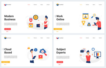 Obraz na płótnie Canvas Business online, expert data analysis, analytics and modern work vector illustration. Cartoon concept landing page set, coaching consulting support service, financial research, cloud computing report