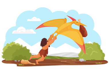 Primitive cave man and prehistoric pterodactyl vector illustration. Cartoon stone age caveman character hunting, neanderthal tribe hunter taking food from ancient pterodactyl isolated on white © lembergvector