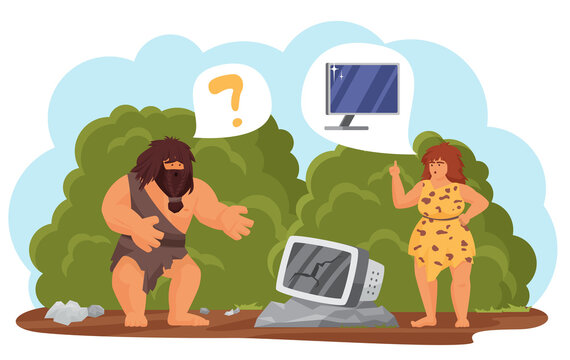 Primitive tribe people with modern technology vector illustration. Cartoon cave man woman characters standing with old broken computer, caveman dreaming of new pc, tech evolution isolated on white