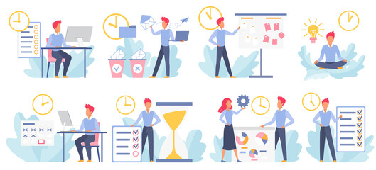 Time management set, business people work with planning schedule vector illustration. Cartoon businessman manager character working with plan task list until deadline, planner calendar timetable