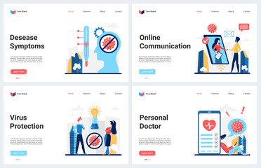 Online medicine, virus protection for patient vector illustration. Cartoon modern concept landing page set for mobile medical app with doctor appointment via phone, coronavirus disease symptoms