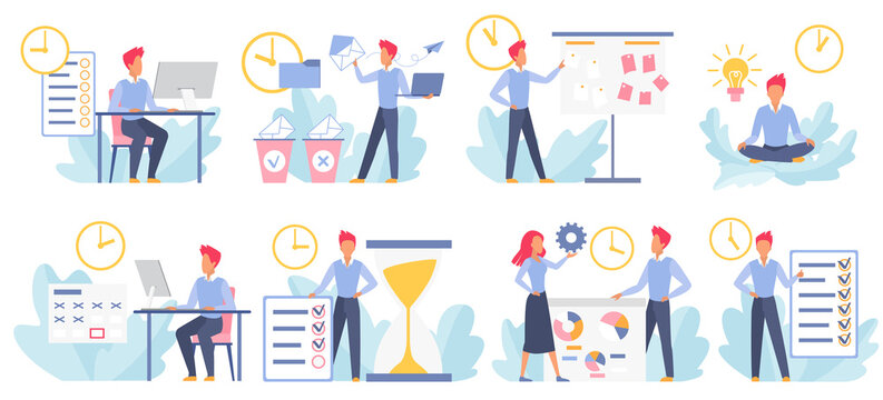 Time management set, business people work with planning schedule vector illustration. Cartoon businessman manager character working with plan task list until deadline, planner calendar timetable