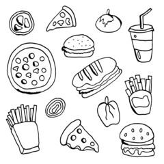 Vector hand drawn fast food icons set