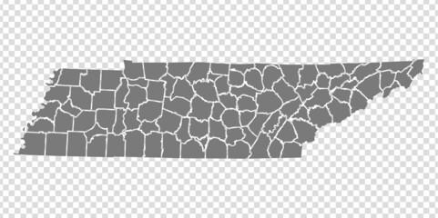 State Tennessee map on transparent background. Tennessee map with  regions in gray for your web site design, logo, app, UI. USA. EPS10. - obrazy, fototapety, plakaty