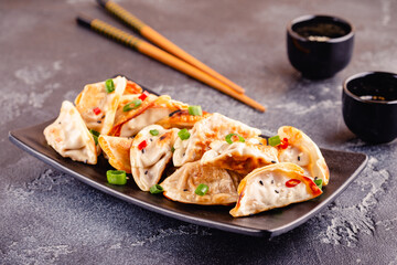 Fried dumplings served with green onions.