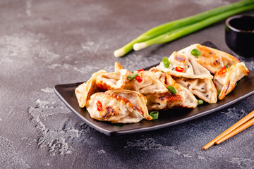 Fried dumplings served with green onions.