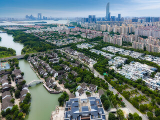 Aerial photography of Chinese garden landscape in Xietang Old Street of Suzhou Canal