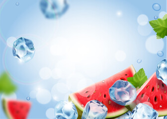 Watermelon fruit with ice cubes refreshing background Cold drink ads with watermelon realistic slice and ice falling in blue shiny background