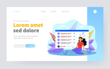 Girl in headphones listening to music from audio playlist. Vector illustration for entertainment, musical app, online player concept