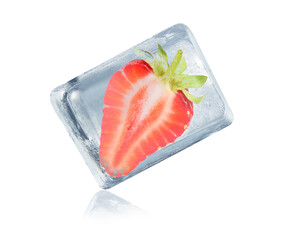 Delicious strawberry frozen in ice isolated on white