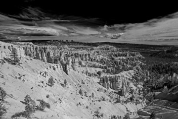 A monochrome image of the view over Bryce Canyon National Park from the Rim Trail.
