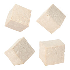 Set with tasty raw tofu on white background