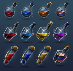 A set of bottles with a magic potion. Magic elixir game icon. Digital painting..