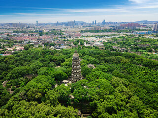 Aerial photography of ancient buildings at Tiger Hill Tower, a famous scenic spot in Suzhou
