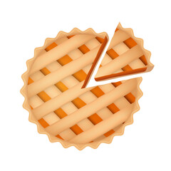Pumpkin pie, traditional thanksgiving food. Sweet carrot autumn orange cake, top view with pie slice. Thanksgiving Day symbol. 3d Realistic vector illustration isolated on white background.