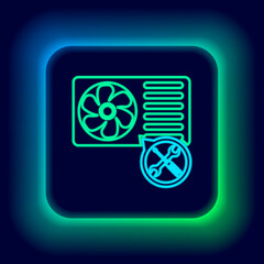 Glowing neon line Air conditioner with screwdriver and wrench icon isolated on black background. Adjusting, service, setting, maintenance, repair, fixing. Colorful outline concept. Vector