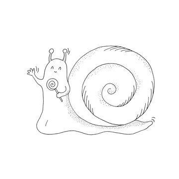 Cheerful snail with delicious lollipop. Cartoon character. Shell. Armor. House. Vector. Doodle. Hand-drawn illustration. Silhouette. Black and white outline. Coloring.