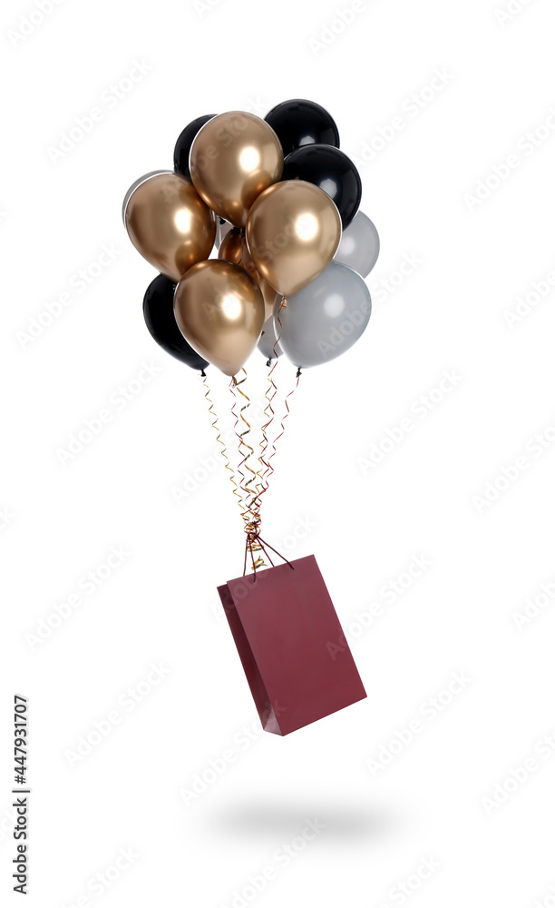 Sticker Bunch of balloons and paper bag on white background