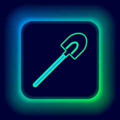 Glowing neon line Garden shovel icon isolated on black background. Gardening tool. Tool for horticulture, agriculture, farming. Colorful outline concept. Vector