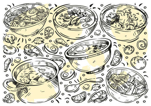 Hand drawn line vector illustration food. Doodle types of soup, cuisines of different countries: cream soup, mushroom soup, seafood soup, ramen, hodgepodge, ingredients