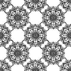 vector SEAMLESS PATTERN of geometric mandala with isolated black lines on a white background. Geometric pattern of mandalas intersecting each other for a design template mandala frame on white backgro