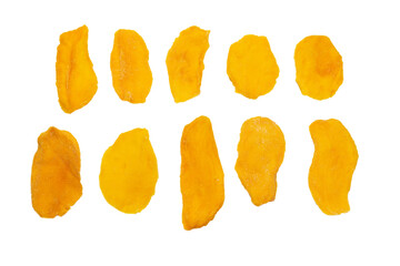 Dry tasty mango slices isolated on a white background.