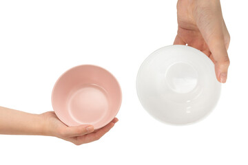 Pink dish in woman hands isolated