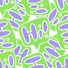 Vector seamless pattern of a green speech bubble with the word Hi in lilac color. a pattern of a hand-drawn greeting message randomly intersecting with each other is a fun background for a design temp
