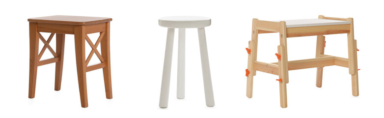 Set with stylish stools on white background. Banner design