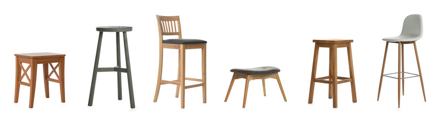 Set with stylish stools on white background. Banner design