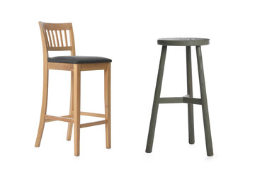 Different stylish bar stools on white background, collage