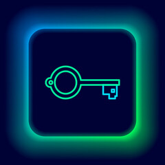 Glowing neon line Ancient key for game icon isolated on black background. Colorful outline concept. Vector