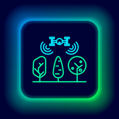 Glowing neon line Smart farm with drone control and tree icon isolated on black background. Innovation technology for agricultural company. Colorful outline concept. Vector