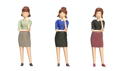 Fototapeta premium set of business woman thinks with her hand on her chin. 3d illustration.