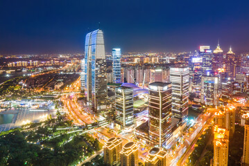 Naklejka na ściany i meble Aerial photography of the night view of Suzhou Financial Center