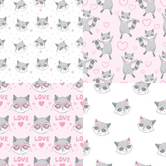 Set of Cute Super Raccoons Seamless Patterns and Poster. Childish Background with Little raccoon Heads.