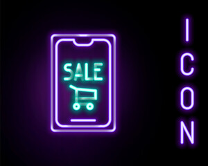 Glowing neon line Mobile phone and shopping cart icon isolated on black background. Online buying symbol. Supermarket basket symbol. Colorful outline concept. Vector