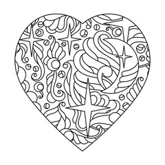 Coloring book for adults. Heart. Moon stars, night sky. Vector illustration