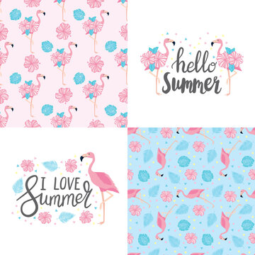 Vector set of four summer cards with fruits and phrases. Beautiful posters for kids room or bedroom. Backgrounds with summer fruits, ice cream, tropical leaves and cocktails. Hand drawn letters.