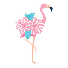 cute flamingo and flowers with leaves, children's print tropical design, flamingo on white background.