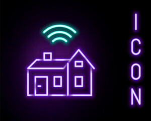 Glowing neon line Smart home with wireless icon isolated on black background. Remote control. Internet of things concept with wireless connection. Colorful outline concept. Vector