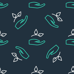 Line Leaf in hand of environmental protection icon isolated seamless pattern on black background. Seed and seedling. Planting sapling. Ecology concept. Vector