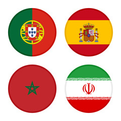 set of round icons flags. portugal, spain, morocco and iran flags, isolated on white background. vector illustration	
