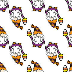 Vector pattern of a dwarf for Halloween with candy corn in his hand. seamless hand-drawn pattern of a flat dwarf in purple clothes and an orange hat with a yellow-orange candy stripe stripe on a white