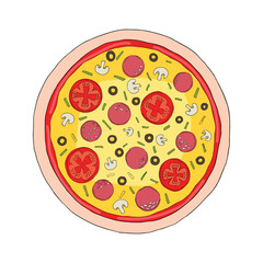 Pizza with melted cheese and pepperoni. Cartoon sticker in comic style with contour. Decoration for greeting cards, posters, patches, prints for clothes, emblems.