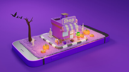 Obraz premium Halloween Shopping online and delivery service on mobile application, Transportation or food delivery by scooter, 3d rendering.