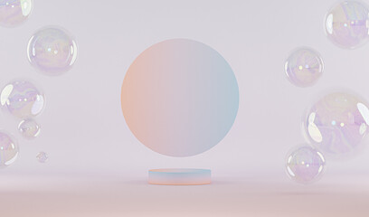 Natural beauty podium backdrop with empty cube box and bubbles for cosmetic product display. Fashion beauty background with pastel pink gradient color, 3d rendering.