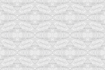 3D volumetric convex embossed geometric white background. A beautiful pattern in a unique doodling technique. Ethnic oriental, Asian, Indonesian motives with handmade elements for design.